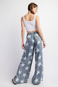 Denim Mineral Washed Star Printed Straight Leg Pants