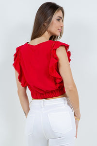 Red Blouse With Ruffle And Crochet Details