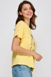 Yellow Rhinestone Detail Graphic T Shirt