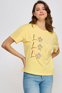 Yellow Rhinestone Detail Graphic T Shirt