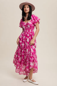 Fuchsia Pink Flower Print Ruched Swetheart Maxi Dress