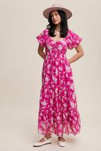 Fuchsia Pink Flower Print Ruched Swetheart Maxi Dress