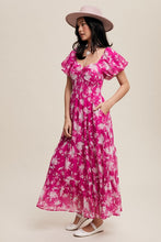 Fuchsia Pink Flower Print Ruched Swetheart Maxi Dress