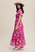 Fuchsia Pink Flower Print Ruched Swetheart Maxi Dress