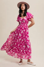 Fuchsia Pink Flower Print Ruched Swetheart Maxi Dress