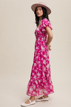 Fuchsia Pink Flower Print Ruched Swetheart Maxi Dress