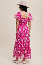 Fuchsia Pink Flower Print Ruched Swetheart Maxi Dress