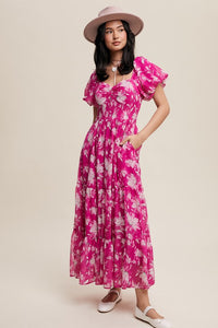 Fuchsia Pink Flower Print Ruched Swetheart Maxi Dress