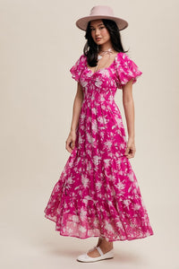 Fuchsia Pink Flower Print Ruched Swetheart Maxi Dress