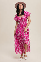 Fuchsia Pink Flower Print Ruched Swetheart Maxi Dress