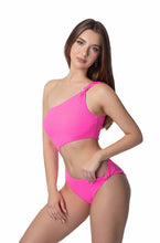 Pink Solid Ribbed Knot One Shoulder One Piece Swimsuit