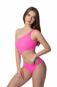 Pink Solid Ribbed Knot One Shoulder One Piece Swimsuit