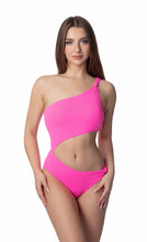 Pink Solid Ribbed Knot One Shoulder One Piece Swimsuit