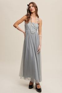 Sage Tint Romantic Babydoll Maxi Tulle Dress