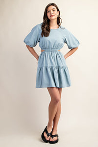 Blue Puff Sleeve Mini Dress