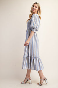 Ivory/Blue Striped Puff Sleeve Midi Dress