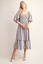 Orange/Navy Striped Puff Sleeve Midi Dress