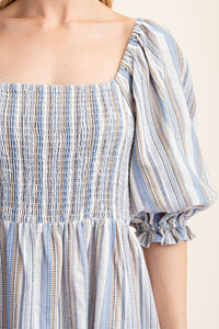 Ivory/Blue Striped Puff Sleeve Midi Dress