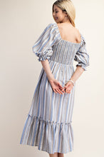 Ivory/Blue Striped Puff Sleeve Midi Dress