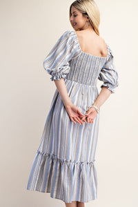 Ivory/Blue Striped Puff Sleeve Midi Dress