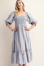 Ivory/Blue Striped Puff Sleeve Midi Dress