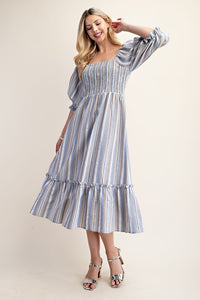 Ivory/Blue Striped Puff Sleeve Midi Dress