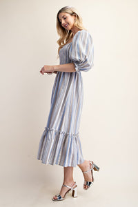 Ivory/Blue Striped Puff Sleeve Midi Dress