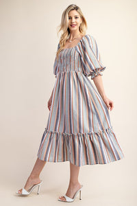 Orange/Navy Striped Puff Sleeve Midi Dress