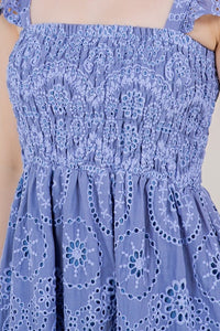 Periwinkle Hollow Embroidery Tiny Ruffle Sleeve Dress