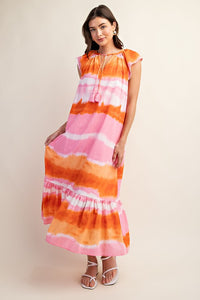 Pink/Orange Tie-Dye Ruffle Shoulder Dress