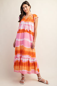 Pink/Orange Tie-Dye Ruffle Shoulder Dress