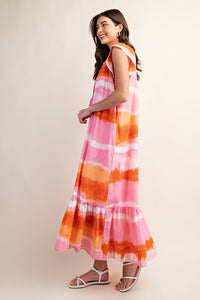 Pink/Orange Tie-Dye Ruffle Shoulder Dress