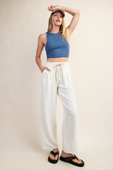 Cream Drawstring Elastic Waistband Pants