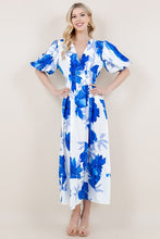 Blue Floral Print Short Bubble Sleeve V-Neck Dress