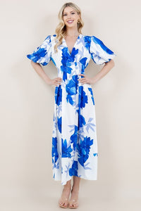 Blue Floral Print Short Bubble Sleeve V-Neck Dress