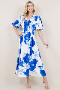 Blue Floral Print Short Bubble Sleeve V-Neck Dress