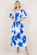 Blue Floral Print Short Bubble Sleeve V-Neck Dress