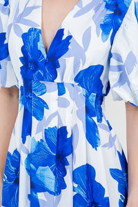Blue Floral Print Short Bubble Sleeve V-Neck Dress