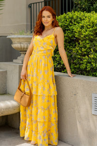 Yellow Print Chiffon Maxi Dress