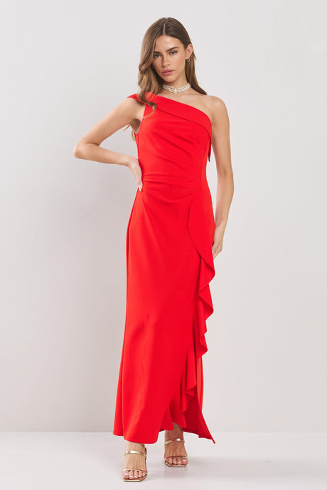 Red One Shoulder Side Dropped Ruffles Maxi Dress