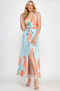 Sky Blue Floral Print Maxi Dress