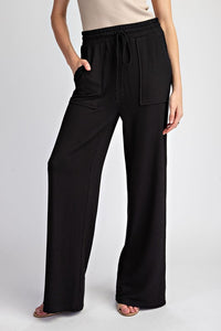 Black Textured Drawstring Straight Leg Pants