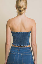 Blue Denim Strapless Zipper Vest Top with Smocked Back