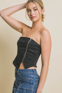 Black Denim Strapless Zipper Vest Top with Smocked Back