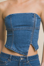 Blue Denim Strapless Zipper Vest Top with Smocked Back