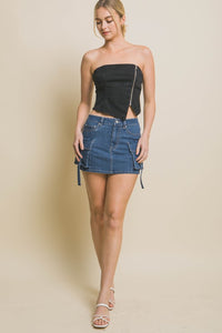 Black Denim Strapless Zipper Vest Top with Smocked Back