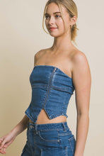 Blue Denim Strapless Zipper Vest Top with Smocked Back