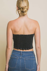 Black Denim Strapless Zipper Vest Top with Smocked Back