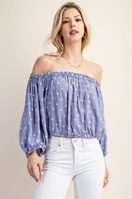 Blue Printed Off Shoulder Puff Sleeve Novelty Top