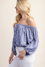 Blue Printed Off Shoulder Puff Sleeve Novelty Top